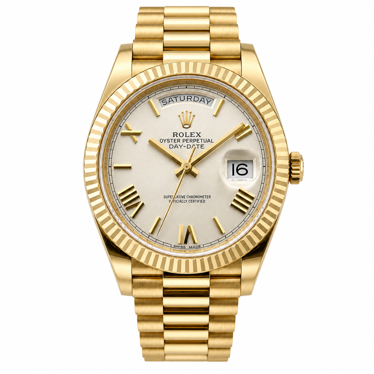 Gold Rolex watch with a white face on a white background