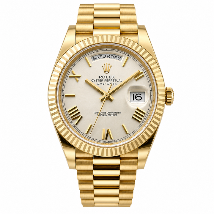 Gold Rolex watch with a white face on a white background