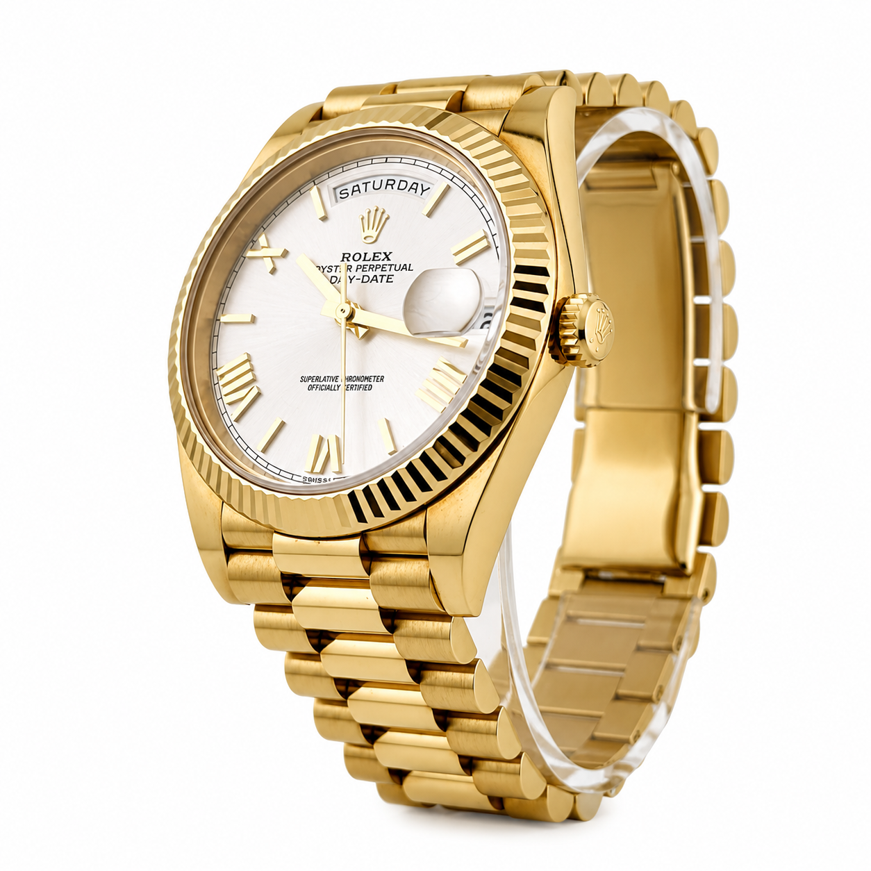 Gold wristwatch with a white face on a white background