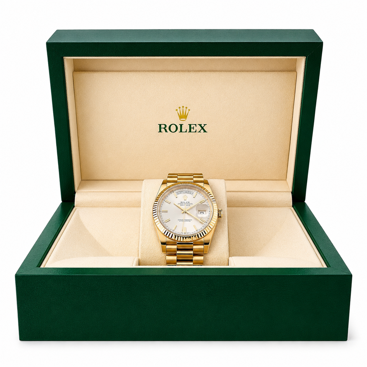Gold Rolex watch in a green and beige box with the Rolex logo.