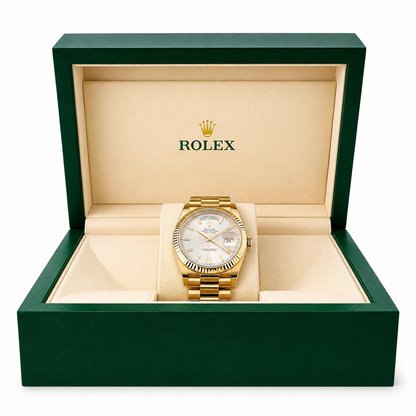 Gold Rolex watch in a green and beige box with the Rolex logo.